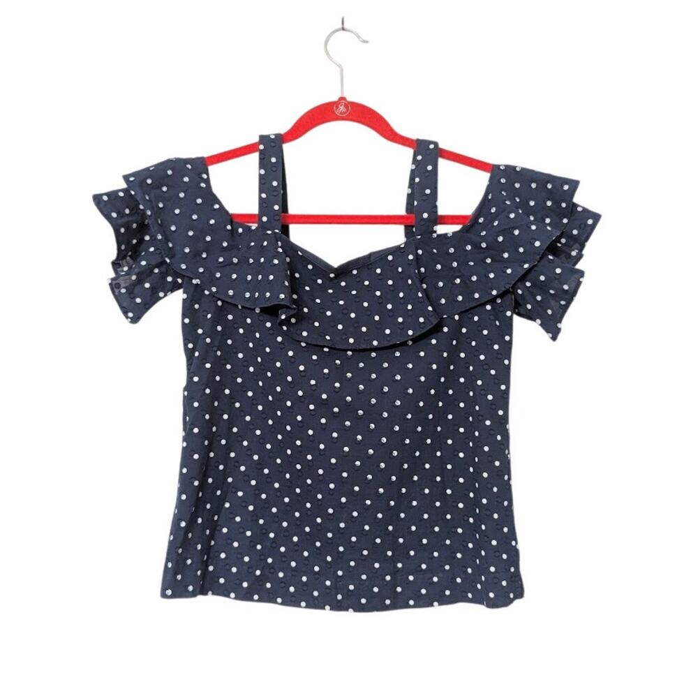 J. Crew Cold Shoulder Ruffle Top Navy Blue White Polka Dot Cotton Blouse Size 0